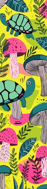 Free turtle bookmark featuring mushrooms and turtles on bright yellow